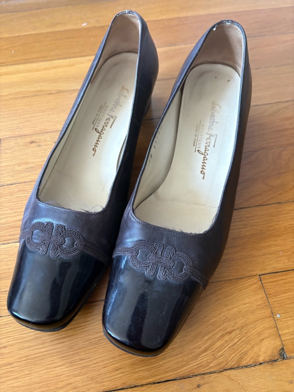 Salvatore Ferragamo Brown Leather Pumps with Black Patent Toe